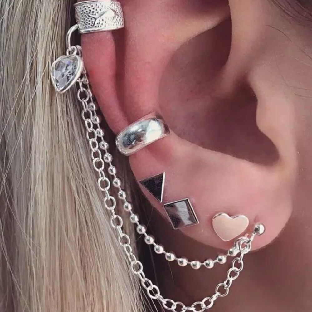 Silver Multi Chain Wrap Ear Cuff Post Earrings Ear Cuffs Earrings Set